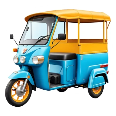 Cinematic Realistic Tuk Tuk Emoji, depicted as a vibrant iconic three-wheeled vehicle with bold colors and a compact design, rendered with crisp textures and dynamic urban lighting that captures its quintessential Thai charm. sticker
