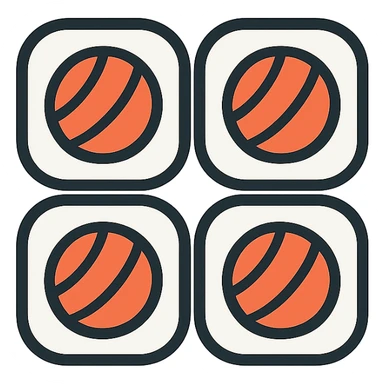 Change the four sushi rolls to salmon maki rolls with visible salmon filling instead of cucumber, keeping the clean, minimal, modern icon style with black outlines and color. No background. sticker