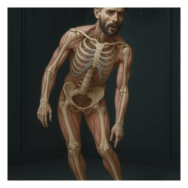 Hyperrealistic 4K anatomical view of a man in a similar position to the reference image. Knee valgus, tilted pelvis, pronated foot, bones and muscles in transparency, medical atmosphere. Variant 4 with slightly changed torso rotation. sticker