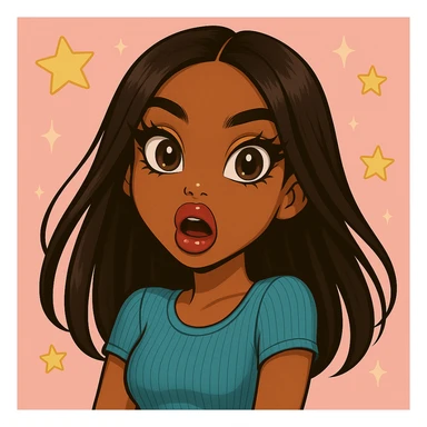 Remove any tears or crying, keep her shocked expression. Depict a 20-year-old anime Bratz style woman with dark skin, dark hair, trendy streetwear, big expressive eyes, and glossy lips. sticker