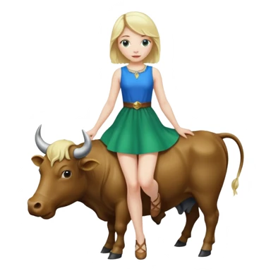 Blonde girl in standing on a bull with a blue and green dress on sticker