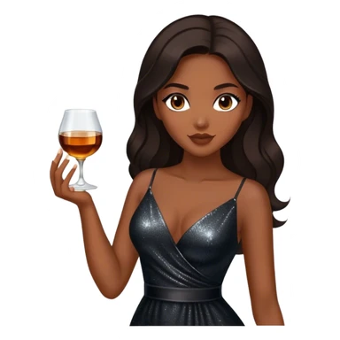 Beautiful woman in 1950’s woman fashion look, black shimmery dress, long dark brown hair, whisky with ice sticker