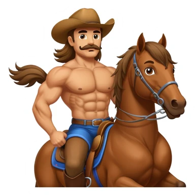 super jacked guy with a mustache and long hair and chest hair riding a horse sticker