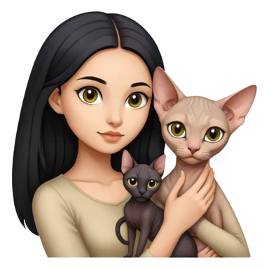 beautiful girl with long black hair holding a hairless sphinx cat sticker