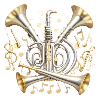 Create a festive and elegant emoji collage featuring a bouquet or fan of bells of wind instrument  (trumpets, saxophones, trombones, tubes, etc.) arranged in a radiant, symmetrical pattern. The instruments should have polished, golden and silver finishes, with their large, shiny bells forming a beautiful, fan-like display. Include a flowing ribbon of musical notes swirling through the center, conveying movement and melody. The background should feature a deep red velvet texture, adding a touch of luxury and sophistication. The overall composition should be balanced, with an elegant and regal feel, with a transparent background to keep focus on the instruments and musical elements. sticker