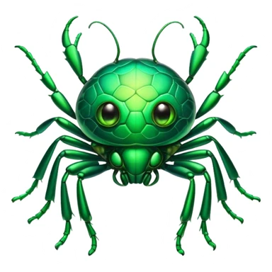 Cinematic Cute Green Bugdie Portrait Emoji, Head tilted playfully and inquisitively, featuring a glossy, vibrant emerald exoskeleton with intricate patterns, round, sparkling multifaceted eyes filled with curiosity, Simplified yet irresistibly adorable features, highly detailed, glowing with a warm, friendly glow, high shine, affectionate and lively, stylized with a touch of whimsy, bright and endearing, soft glowing outline, capturing the essence of a mischievous yet charming bug, so playful it feels like it could buzz out of the screen and into your arms! sticker