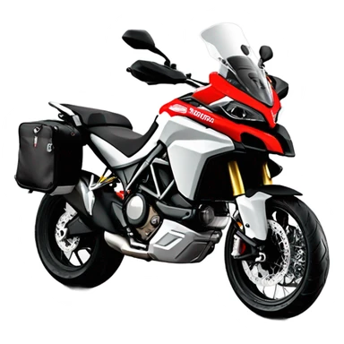 Moto de enduro Ducati multistrada roja y negra con bolsas laterales y bolsa trasera. Piloto con casco abierto gris. Vista frontal sticker