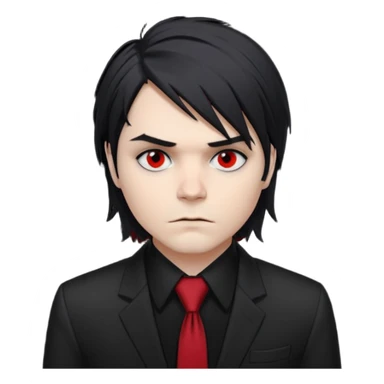 Gerard Way (Revenge Era)
Round, simplified emoji style
Pale skin tone
Jet-black, shoulder-length hair messy and emo
Heavy eyeliner and slight red shadow under the eyes
Subtle serious
Hint of red tie visible on black button up shirt.
Transparent background. Black eyeliner. Messy emo hair sticker