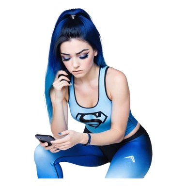 Disapponted-big tears-head back texting on phone-very very large upper body-sexy face-bending forward at waist-very long very straight dark blue to light blue ombre hair-and-blue eyes-thick black eyeliner-long eyelashes-iridescent blue lowcut tanktop with black leggings with glitter superman logo sticker