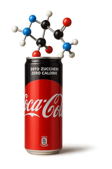 rappresenta una molecola chimica di aspartame che esce da una lattina di coca cola zero, iperrealistica 4k sticker
