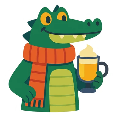 cozy winter vibe crocodile wearing a scarf holding a Bombardino cocktail sticker