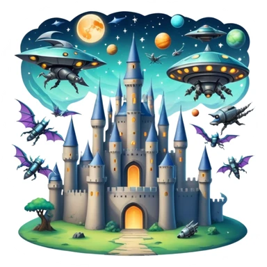 Icon for Fantasy and Sci-Fi Movies: A magical collage with flying dragons. futuristic spaceships and UFOs. Stars and planets shimmer in the background with a mystical castle Hogvards an ancient wizard and robots. The atmosphere is epic, otherworldly and adventurous. Transparent background. sticker