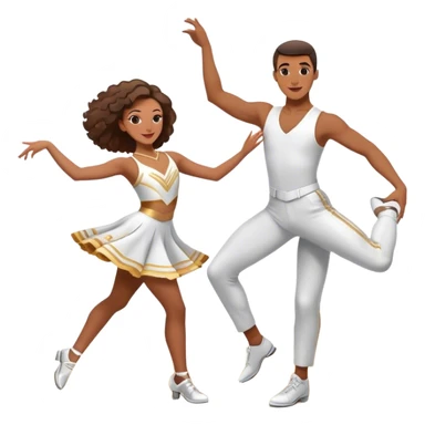Icon for Sports Dance: a couple performing an energetic and synchronized dance, dressed in competitive dance attire, dance shoes, a rhythmically placed dance floor, and a competition backdrop. The icon should capture the athleticism, technique, and precision of sports dance. Transparent background. sticker