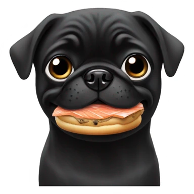 Black pug eating a bagel with salmon  sticker