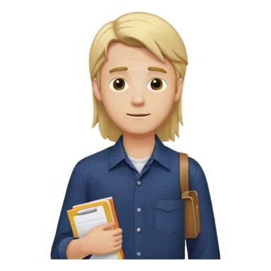 Guy with long straight blonde hair behind head and navy button up holding a school packet sticker
