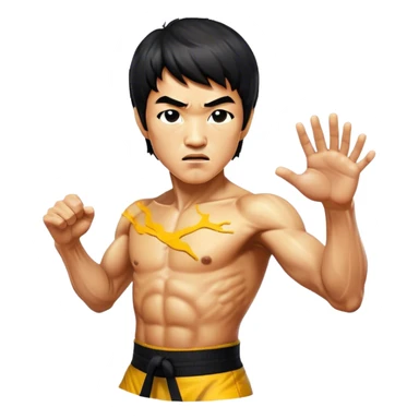 Cinematic Realistic Bruce Lee Portrait Emoji, depicted as a dynamic martial arts icon with an intense gaze and athletic physique caught in a fluid motion, rendered with vivid textures and energetic lighting that embodies his legendary prowess. sticker