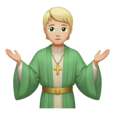 a priest, green eyes, blonde hair, light green wide, flowing outer robe. opening arms, gazing thoughtfully. Soft light, subtle fern. Waist-up, profile. sticker