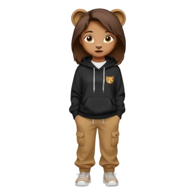 León tierno que sea mujer con pantalones guangos  y una sudadera negra con cabello suelto color castaño obscuro sticker