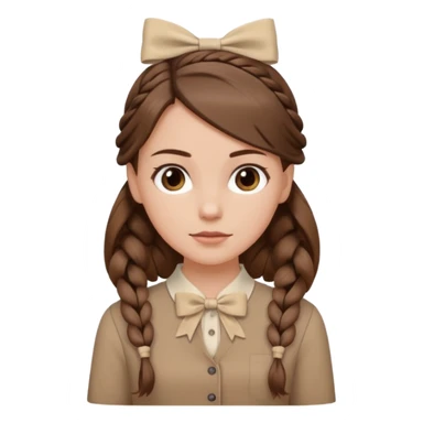 white girl with brown hair, side braid with beige bow at the end, brown blouse sticker