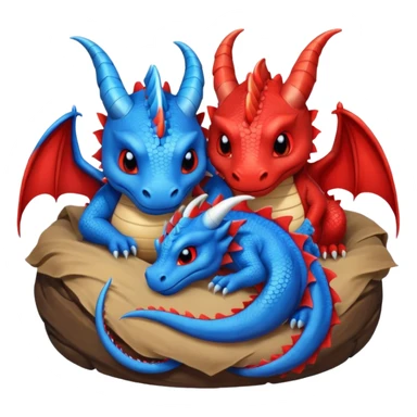 un couple de dragons rouge et bleue trop mignons endormis dans leur tanière. sticker
