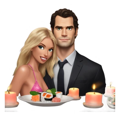 realistic photo of Henry Cavill with a beautiful  victoria secret model on a candle lit sushi date sticker
