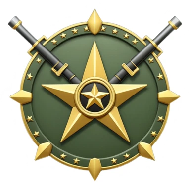 Insignia militar realista para videojuegos de guerra (estilo Delta Force), forma de escudo metálico con bordes desgastados. Incluye:

Símbolo: [fusiles cruzados / águila / estrellas / espada] Insignia redonda con fusil cruzado y una estrella, metal rayado, verde oliva y negro. sticker