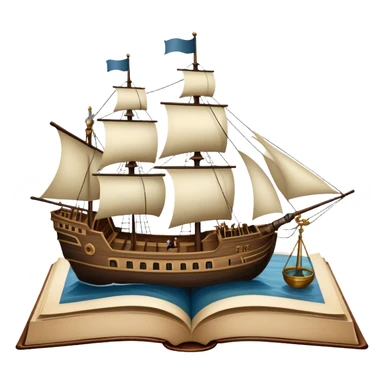 Icon for Reading Fiction: a large open book with pages turning into a sailing ship, with musketeers on horseback, and Sherlock Holmes with a magnifying glass standing nearby. The icon should evoke the adventure and romance of exploring fictional worlds. Transparent background. sticker