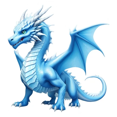 Cinematic Noble wise elegant Ice Dragon full body  Emoji, Poised and imposing, distinct long elegant snout, with a slender, scaled body shimmering in glacial hues of icy blue, frostbitten silver, and crystalline white, breathing out frost, with piercing, glowing ice blue white eyes that radiate the chilling depths of an arctic storm; rendered in detail. excuding wisdom sticker