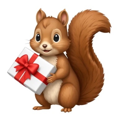 squirrel holding a wrapped gift and a Swiss flag, both objects easy to see, simple white background sticker