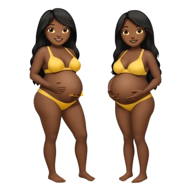 Dark black skin, african black Woman with huge pregnant belly, long hair, yellow bikini, bare midriff, full body, side view, smiling. sticker