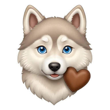 Beige husky with blue eyes holding a brown heart sticker