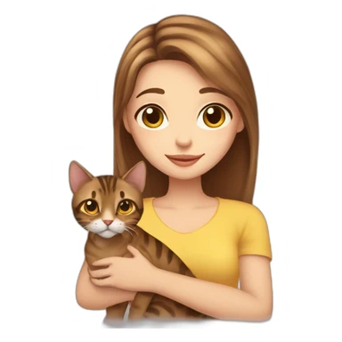a beautiful girl with blue eyes and brown hair is holding a Bengal cat with yellow eyes in her arms sticker