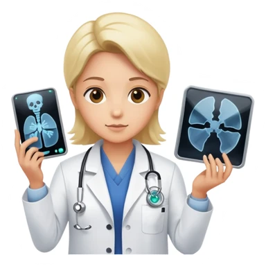 A medical professional in a white lab coat examining an X-ray film, wearing a radiation badge sticker