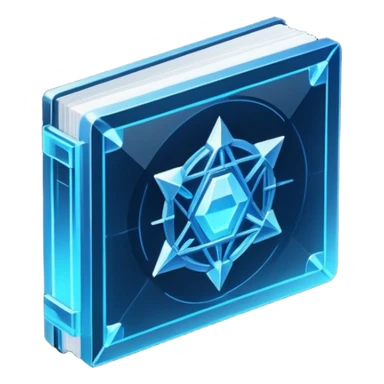Futuristic holographic data book icon, dark sci-fi interface style, crystal neon blue light, sharp geometry, high tech game UI icon, minimalistic, cyber space theme, volumetric glow, centered, transparent background, no cartoon, no cute, no emoji face, 100x100 px sticker