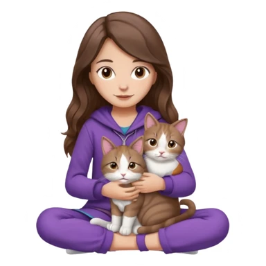 a warm calm girl with long wavy brown hair, soft brown eyes, cozy purple clothes, sitting cross-legged, holding a tricolor cat (brown, white, and grey), iOS emoji style, soft lighting sticker