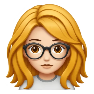 Uma garota de cabelos encaracolados compridos e mechas bem loiras, com pele morena  e óculos sticker