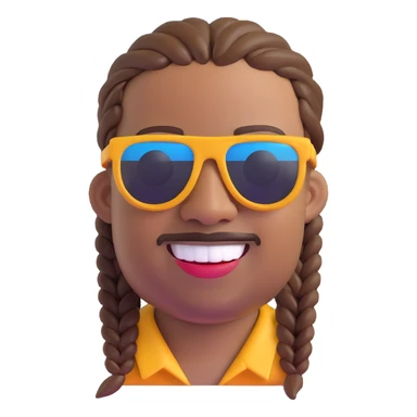 Stevie Wonder as an emoji, smiling, wearing sunglasses and a braided hairstyle sticker
