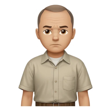 Carl from Sling Blade, serious expression, recognizable features, chin sticking out, slouching posture, no glasses, shirt with collar,  side view,show his entire body, he is standing. three-quarter face angle. He sticks his head forward. not apple style emoji sticker