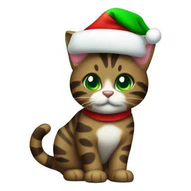Dark brown tabby cat with green eyes wearing Christmas hat sticker