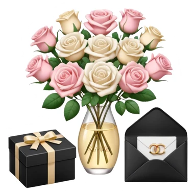 Cute white aesthetic emoji stickers set, including roses bouquet, engagement ring box, envelope with flowers, Chanel perfume, 3D render, glossy texture, delicate details, minimalist background, sticker style,  sticker
