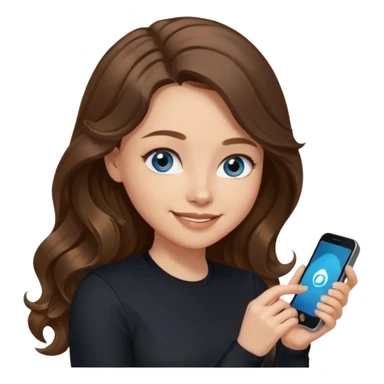 generate a pretty woman with blue eyes, light skin and long and really wavy shiny medium brown hair holding a phone while looking down at the screen. she is wearing an ALL black long sleeve. she is smiling sticker