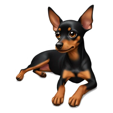 miniature pinscher, black brown color, laying down, arms horizontal paws hanging down a little sticker