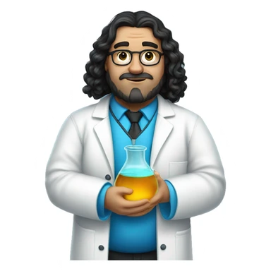 a white man fat chemist in a white coat with long wavy black hair holding a beaker with bright blue liquid, he has no glasses, no moustache sticker