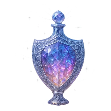 ultra luxurious crystal elixir bottle in shield shape, elegant gradient color palette, multi-layered holographic and silver filigree, intricate crystal texture, magical glowing and sparkling effects, radiant light beams, very small neck, seamless ornate bottom, transparent background, bottle clearly floating in air, no base or shadow, modern, collection style, extremely beautiful and refined sticker