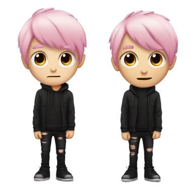 Create an emoji of an emo guy with split-dyed hair—one side pastel pink and the other side black. The hair should have a slightly messy, choppy texture, and the character should have a subtle, sad expression, wearing dark clothing typical of emo fashion sticker