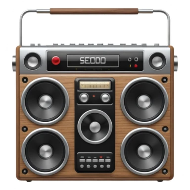 3D render of Boombox, vintage 1980s audio equipment aesthetic, tactile analog buttons, silver chrome body with black speakers, mixed wood grain and brushed aluminum textures, Apple emoji style, isolated on white background --v 6.0 sticker