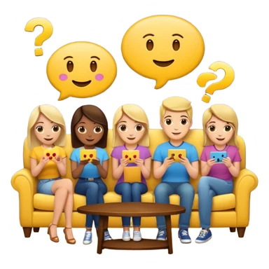 group of friends on couch playing a trivia game couch should be deep dark yellow color.  include a small wooden table in front of the couch as well.  Add smiling face emoji and question marks above their heads sticker