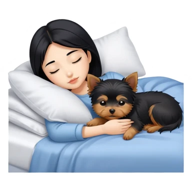 pretty asian girl with black hair sleeping in bed with small yorkshire terrier sticker