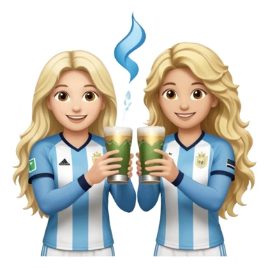 Lionel Messi in Argentina jersey and Shakira in stage clothes, smiling at each other, each holding a traditional yerba mate cup, making a cheerful toast, Shakira with long wavy blonde hair, emoji style, cute and fun, with sparkles sticker
