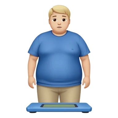 A young slightly overweight male with short dark-blonde hair, medium-light skin, and a relieved facial expression. He stands on a scale, visibly noticing he has lost weight. He wears blue cloth. His posture shows a mix of surprise and relief, with relaxed shoulders and a gentle smile. sticker